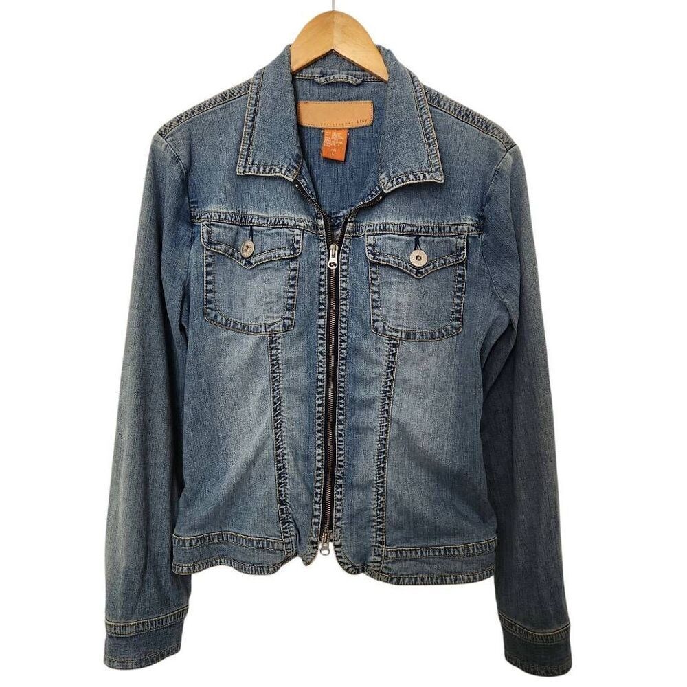 Christopher Blue jean jacket zip front pockets denim large